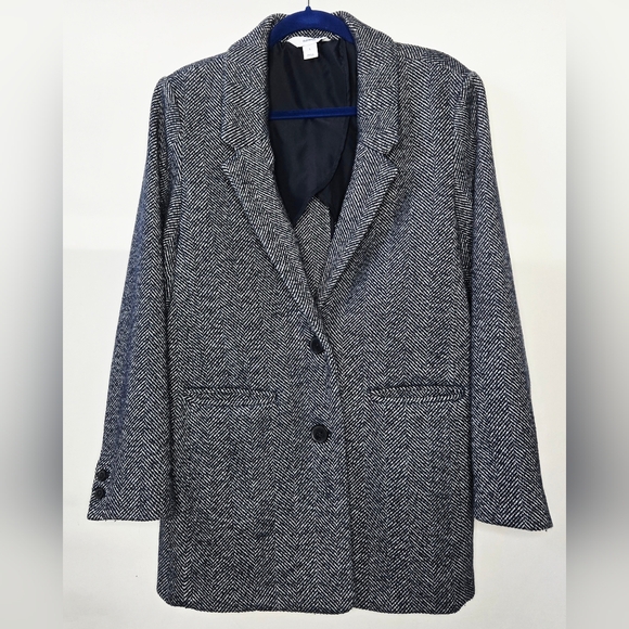 Women's Old Navy Tweed Coat Blazer Jacket Navy and White Herringbone Size Large - Picture 1 of 8